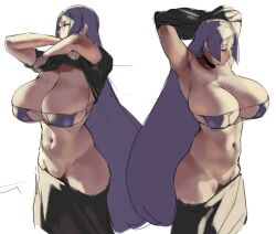 1girl arms_up bikini black_serafuku black_shirt blouse breasts cleavage clothes_lift clothes_pull commentary covered_erect_nipples curvy day eu03 expressionless eyepatch_bikini fate/grand_order fate_(series) female_focus grey_skirt groin highres hip_focus huge_breasts large_breasts lifting_own_clothes long_hair minamoto_no_raikou_(fate) minamoto_no_raikou_(fate/grand_order) minamoto_no_raikou_(swimsuit_lancer)_(fate) minamoto_no_raikou_(swimsuit_lancer)_(second_ascension)_(fate) navel no_panties ocean outdoors parted_bangs pleated_skirt purple_bikini purple_eyes purple_hair school_uniform serafuku shirt shirt_lift sideboob skirt skirt_pull sky solo sunlight swimsuit symbol-only_commentary tagme thighs underboob undressing very_long_hair wide_hips