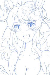 1girl :d abriel00 ahoge animal_ears bikini blue_theme blush breasts cleavage commentary_request daring_tact_(umamusume) horse_ears horse_girl lineart long_hair looking_at_viewer medium_breasts monochrome open_mouth raised_inner_eyebrows simple_background smile solo swimsuit umamusume upper_body