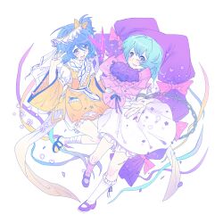 2girls aqua_eyes aqua_hair bingkuaihei bloomers blue_eyes blue_hair bouquet bow chain character_request chinese_commentary commentary_request cuffs dress flower frilled_socks frills full_body hair_between_eyes hair_bow hat highres holding holding_bouquet holding_scissors ilivia_gripshidrin kneehighs mary_janes medium_hair meet_again_in_the_night multiple_girls one_side_up open_mouth original pink_bow purple_flower purple_hat purple_ribbon purple_shoes reaching reaching_towards_viewer ribbon scissors shackles shoes smile socks touhou underwear v white_bloomers white_dress white_socks yellow_bow