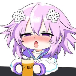 1girl alcohol beer beer_can blush can choker commentary d-pad d-pad_hair_ornament drink_can drunk e;re english_commentary english_text hair_ornament hood hoodie jewelry long_sleeves neck_ring neptune_(neptunia) neptune_(series) open_mouth purple_eyes purple_hair short_hair solo transparent_background