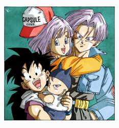 Rule 34 | 1girl, 3boys, baby, black eyes, black hair, black shirt, blue eyes, blue jacket, border, bulma, carrying, carrying baby, carrying person, cropped jacket, denim, denim jacket, dougi, dragon ball, dragonball z, english text, green background, group picture, highres, jacket, kakeru (dbskakeru), long hair, mother and son, multiple boys, orange jacket, purple hair, purple shirt, shirt, short hair, simple background, son gohan, spiked hair, trunks (dragon ball), trunks (future) (dragon ball), white border