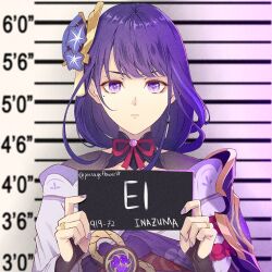 1girl barbie_mugshot_(meme) bridal_gauntlets commentary english_commentary expressionless flower genshin_impact hair_flower hair_ornament height_chart height_mark holding holding_sign japanese_clothes kimono light_frown meme mole mole_under_eye mugshot nameplate phlower_luna purple_eyes purple_flower purple_hair purple_kimono purple_nails raiden_shogun sign solo upper_body