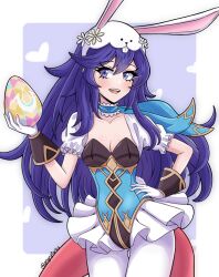 1girl absurdres angryforks animal_ears blue_eyes blue_hair blush brand_of_the_exalt breasts cleavage easter_egg egg fire_emblem fire_emblem_awakening fire_emblem_heroes gloves hand_on_own_hip highres leotard long_hair lucina_(fire_emblem) lucina_(spring_exalt)_(fire_emblem) nintendo official_alternate_costume open_mouth pantyhose rabbit_ears rabbit_tail smile solo tail white_pantyhose