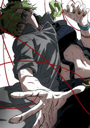 1girl arm_tattoo black_hair braid braided_ponytail breasts coat commentary_request double_bun foreshortening green_eyes green_hair green_nails grey_coat hair_bun highres jeonjin_(mynamebazin) jojo_no_kimyou_na_bouken korean_commentary kuujou_jolyne medium_breasts multicolored_hair navel no_mouth scar scar_on_stomach solo stone_ocean string tattoo two-tone_hair upper_body wristband
