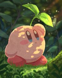 Rule 34 | blue eyes, blush stickers, colored skin, commentary, day, grass, highres, kirby, kirby (series), leaf, miclot, nintendo, no humans, outdoors, pink skin, standing, symbol-only commentary