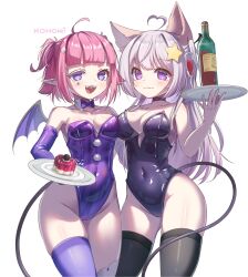 Rule 34 | 2girls, absurdres, ahoge, alcohol, animal ears, annytf, black leotard, black thighhighs, black wings, bow, bowtie, breasts, cameltoe, camila (vtuber), collarbone, covered navel, demon wings, dessert, detached collar, feet out of frame, food, fox ears, groin, heart, heart ahoge, highres, holding, holding plate, indie virtual youtuber, komori, leotard, looking at viewer, medium breasts, multiple girls, open mouth, plate, pointy ears, pom pom (clothes), purple bow, purple bowtie, purple hair, purple thighhighs, skin tight, strapless, strapless leotard, tail, teeth, thighhighs, tongue, upper teeth only, white background, white hair, wine, wings