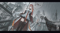 2girls absurdres black_collar black_jacket black_thighhighs bow braid breasts changli_(wuthering_waves) closed_mouth coat collar colored_extremities commentary_request dress hair_bow hair_extensions hair_ornament highres holding holding_umbrella jacket jinhsi_(wuthering_waves) large_breasts letterboxed looking_at_viewer multiple_girls outdoors people pink_hair rain red_hands ring_hair_extensions smile thigh_strap thighhighs twin_braids tyhaya umbrella white_bow white_coat white_dress white_hair white_umbrella wuthering_waves yellow_eyes