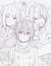 2boys 2girls blunt_bangs blush bochi_(5hxm) fairy fairy_wings food food_on_face fork gallica_(metaphor:_refantazio) greyscale hair_between_eyes hairband highres holding holding_fork horns hulkenberg_(metaphor:_refantazio) jacket long_hair long_sleeves looking_at_viewer metaphor:_refantazio monochrome multiple_boys multiple_girls one_eye_closed open_mouth pointy_ears protagonist_(metaphor:_refantazio) simple_background sparkle strohl_(metaphor:_refantazio) upper_body v wings