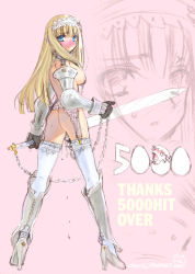 1girl 2000 armor blonde_hair blue_eyes blush boots breasts chain dildo elbow_gloves embarrassed female_focus full_body garter_belt garter_straps gloves hair_ornament high_heels large_breasts long_hair looking_at_viewer looking_back nipple_chain nipple_piercing nipple_rings nipples orion_(orionproject) piercing pussy_juice sex_toy shoes sideboob solo sweat sword thighhighs vibrator weapon white_thighhighs