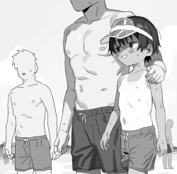 1girl barbarian_tk flat_chest greyscale loli male_swimwear monochrome multiple_boys nipples original short_hair swim_trunks tan tanline visor_cap