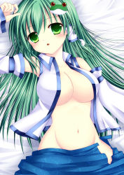 1girl absurdres asazuki_kanai breasts detached_sleeves female_focus frog green_eyes green_hair groin hair_ornament highres kanai_amachi kochiya_sanae large_breasts long_hair lying matching_hair/eyes open_clothes open_shirt shirt snake solo touhou