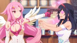 2girls ahoge aiming antenna_hair black_hair bodysuit cafe cupid curtained_hair game_cg gloves gun hairband handgun heart heart_in_eye lilim_(sakura_cupid) mitsuki_(sakura_cupid) multiple_girls official_art pink_eyes pink_gloves pink_hair red_hairband sakura_cupid symbol_in_eye wanaca weapon yuri