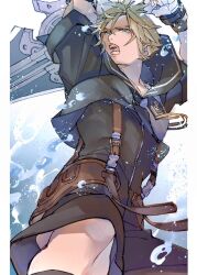 1boy aqua_eyes arms_up black_sailor_collar black_shorts blonde_hair cloud_strife cloud_strife_(maritime_sailor) commentary fighting_stance final_fantasy final_fantasy_vii final_fantasy_vii_ever_crisis foreshortening from_below gloves holding holding_sword holding_weapon leg_up male_focus official_alternate_costume open_mouth ryouto sailor sailor_collar serious short_sleeves shorts solo splashing suspenders sword symbol-only_commentary teeth toned toned_male upper_body water weapon white_gloves