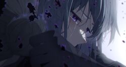 2girls black_cloak castorice_(honkai:_star_rail) cloak commentary crying crying_with_eyes_open debris disintegration gloves grey_hair honkai:_star_rail honkai_(series) hosun hug multiple_girls portrait purple_eyes purple_gloves purple_hair purple_pupils tears white_background