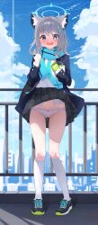 Rule 34 | 1girl, :o, absurdres, accidental exposure, aqua eyes, aqua scarf, bitseon, black skirt, blazer, blue archive, blue jacket, blush, bow, bow panties, building, commentary, cross hair ornament, earrings, embarrassed, full body, gloves, gluteal fold, grey hair, hair ornament, halo, highres, id card, jacket, jewelry, kneehighs, medium hair, mismatched pupils, nose blush, outdoors, panties, plaid clothes, plaid skirt, pleated skirt, polka dot, polka dot panties, railing, rooftop, scarf, school uniform, shiroko (blue archive), shirt, shoes, single glove, skirt, skirt flip, sneakers, socks, solo, stud earrings, underwear, white panties, white shirt, white socks, wind