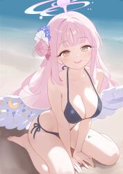 1girl barefoot beach bikini black_bikini blue_archive breasts brown_eyes crescent feet halo highres large_breasts long_hair looking_at_viewer mika_(blue_archive) open_mouth pink_hair rin_(rin0214tw) sand sitting solo swimsuit teeth toes upper_teeth_only wings