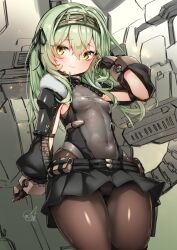 1girl black_ribbon breasts cameltoe closed_mouth covered_navel doyouwantto gloves goddess_of_victory:_nikke green_hair grey_leotard hair_between_eyes hair_ribbon hairband highres kilo_(nikke) leotard long_hair long_sleeves mecha pantyhose ribbon robot shiny_clothes shiny_skin skin_tight small_breasts talos_(nikke) thick_thighs thighs yellow_eyes
