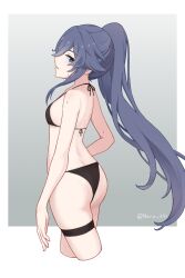 1girl ass back bikini black_bikini black_hair blue_eyes breasts butt_crack fu_hua honkai_(series) honkai_impact_3rd long_hair looking_at_viewer looking_back neru_yinwu ponytail small_breasts solo sweat swimsuit thigh_strap very_long_hair