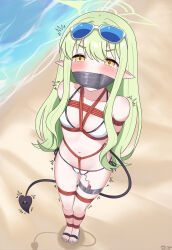 1girl absurdres alternate_costume bdsm beach bikini blue-tinted_eyewear blue_archive bondage bound breasts chinese_commentary commentary_request demon_girl demon_tail eyewear_on_head from_above full_body gag gagged green_hair green_halo halo highres hikari_(blue_archive) improvised_gag loli long_hair looking_at_viewer neko_huan ocean outdoors paid_reward_available pointy_ears pussy_juice remote_control_vibrator sex_toy shibari small_breasts solo standing sunglasses swimsuit tail tape tape_gag tinted_eyewear toes v-shaped_eyebrows variant_set vibrator vibrator_under_clothes white-framed_eyewear white_bikini yellow_eyes