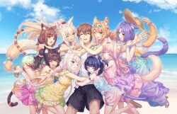 1boy 6+girls animal_ear_fluff animal_ear_hairband animal_ears arm_behind_head arm_hug armband azuki_(nekopara) beach bell blonde_hair blue_eyes blue_hair blue_sky blush bow braid breasts brown_eyes brown_hair bunny_ears_prank cat_ear_hairband cat_ears cat_girl cat_tail chocola_(nekopara) cinnamon_(nekopara) cleavage closed_eyes clothes_writing cloud coconut_(nekopara) crossed_arms day dress dress_bow english_text everyone eyewear_on_head fake_animal_ears fake_tail food-themed_hair_ornament fraise_(nekopara) game_cg green_eyes group_hug group_picture hair_ornament hair_scrunchie hairband hand_on_another&#039;s_cheek hand_on_another&#039;s_face hand_on_own_hip harem hat heterochromia highres hug hug_from_behind hug_from_side jumping large_breasts long_hair looking_at_viewer maple_(nekopara) medium_breasts medium_hair minazuki_kashou minazuki_shigure multicolored_dress multiple_girls neck_bell nekopara non-web_source ocean official_art one_eye_closed open_mouth orange_eyes orange_hair outdoors own_hands_together pink_hair purple_hair sandwiched sayori_(neko_works) scrunchie shorts sky slit_pupils small_breasts smile standing sun_hat sunglasses tail tail_scrunchie thigh_strap twin_braids v vanilla_(nekopara) watermelon_hair_ornament waving white_hair wrist_scrunchie yellow_eyes