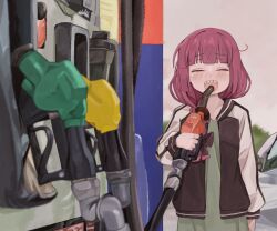 1girl ahoge bocchi_the_rock! braid closed_eyes commentary dress drinking_gasoline gas_pump gas_pump_nozzle gas_station gasoline green_dress hair_over_shoulder highres hiroi_kikuri jacket long_hair low-braided_long_hair low-tied_long_hair multicolored_jacket naaga_sonomono open_mouth outdoors purple_hair sharp_teeth single_braid solo teeth two-tone_jacket