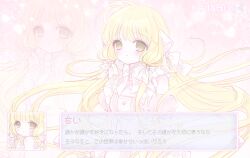 Rule 34 | 1girl, animal ears, blonde hair, blush, bow, bowtie, brown eyes, chii, chobits, choker, commentary, dress, frills, gameplay mechanics, hair ribbon, hair tubes, highres, lolita fashion, long hair, looking at viewer, mipi (u3u 00), persocom (chobits), pink dress, ribbon, robot ears, solo, translation request, very long hair, visual novel, white bow, white bowtie, white ribbon, zoom layer