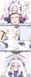 ! !! &gt;_&lt; 1boy 1girl ^_^ absurdres ahoge animal_ears bad_source black_halo black_horns blue_archive blush cat_ears cat_tail closed_eyes commentary_request doodle_sensei_(blue_archive) hair_between_eyes halo highres hina_(blue_archive) horns kemonomimi_mode multiple_horns nekoya_(liu) notice_lines peeking_out purple_eyes sensei_(blue_archive) shirt small_sweatdrop smile tail tail_wagging white_shirt