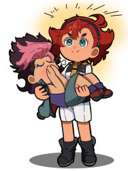 Rule 34 | 1boy, 1girl, absurdres, ahoge, asticassia school uniform, blue eyes, blush, brown hair, carrying, covering face, dark-skinned female, dark skin, embarrassed, guel jeturk, gundam, gundam suisei no majo, hairband, highres, multicolored hair, pink hair, princess carry, red hair, reverse princess carry, school uniform, shorts, smile, strong, suletta mercury, ttakuhana3103, two-tone hair