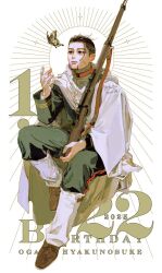 1boy 2025 beard black_hair brown_shoes bug butterfly english_text facial_hair full_body golden_kamuy green_jacket green_pants gun happy_birthday holding holding_weapon insect jacket male_focus ogata_hyakunosuke pants rifle shoes short_hair sitting solo tmk_osushi weapon yellow_eyes