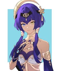 1girl ancient_egyptian_clothes ankh blue_eyes breasts candace_(genshin_impact) cleavage closed_mouth dark-skinned_female dark_skin detached_sleeves eye_of_horus genshin_impact hair_tubes hand_on_own_chest hetero highres jewelry looking_at_viewer medium_breasts nail_polish purple_hair purple_nails short_hair_with_long_locks simple_background single_detached_sleeve solo tofu_(bean359) two-tone_background upper_body yellow_eyes