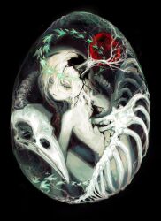 1other androgynous animal_skeleton animal_skull bird bird_skull black_background body_horror colored_eyelashes cracked_skin egg fang green_eyes highres medium_hair nude open_mouth orb original other_focus page_nak1 ribs round_image solo white_hair