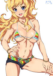1girl :d bare_shoulders belt bikini bikini_top_only bikini_under_clothes blonde_hair blue_eyes blush bracelet breasts chain collarbone denim denim_shorts hand_on_own_hip highres idolmaster idolmaster_cinderella_girls jewelry long_hair looking_at_viewer lowleg lowleg_shorts medium_breasts nail_polish navel navel_piercing necklace ohtsuki_yui open_mouth piercing pink_nails ponytail revision ribs short_shorts shorts sidelocks simple_background smile solo striped_bikini striped_clothes suna_(sandworks) swept_bangs swimsuit thighs wavy_hair white_background