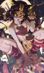1girl absurdres animal_ears arm_between_legs arm_support arm_up bandeau bare_arms bare_shoulders barefoot bell black_hair black_sclera blonde_hair bracelet braid cat_ears cat_tail collarbone colored_sclera commentary_request fang fingernails flat_chest full_moon gold_necklace hair_ornament hair_stick hand_on_ground highres huge_moon jewelry jiangshi jingle_bell kyahan lantern leg_warmers long_hair looking_at_viewer moon multi-tied_hair multicolored_hair navel necklace night ofuda open_mouth outdoors paw_pose red_bandeau red_leg_warmers shaded_face sharp_fingernails sharp_toenails solo songchuan_li squatting stomach tail tiptoes toenails translation_request twin_braids two-tone_hair wrist_belt xingshen_(xinyue_tongxing) xinyue_tongxing yellow_eyes