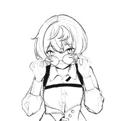 1girl absurdres clio_aite corset dress_shirt glasses harness highres lab_dark looking_at_viewer phase_connect scar scar_across_eye scar_on_face shirt short_hair