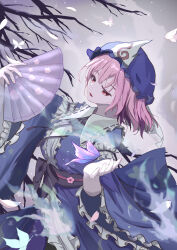 Rule 34 | absurdres, belt, black belt, blue hat, blue kimono, branch, breasts, bug, butterfly, folding fan, frilled kimono, frills, ghost, grey background, hand fan, hat, highres, holding, holding fan, insect, japanese clothes, kimono, medium breasts, mob cap, pale skin, pink eyes, pink hair, purple butterfly, saigyouji yuyuko, touhou, triangular headpiece, user hyng8745, veil, white butterfly, wide sleeves