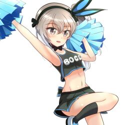 1girl alternate_costume black_bow black_bowtie black_skirt black_socks blush bow bowtie breasts brown_eyes brown_hair cheerleader girls_und_panzer kumaisao long_hair navel open_mouth pom_pom_(cheerleading) shimada_arisu simple_background skirt small_breasts socks solo standing white_background