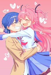 1boy 1girl :d ^_^ ahoge angel_beats! arm_around_waist blue_hair blue_sailor_collar blue_skirt blush_stickers closed_eyes commentary_request couple cowboy_shot demon_tail demon_wings fake_tail fake_wings fang floating_hair grin hair_between_eyes happy heart hetero highres hinata_hideki hug jacket long_hair long_sleeves midriff neckerchief nmyk_pancake open_mouth outstretched_arms pink_background pink_hair pink_neckerchief pleated_skirt sailor_collar shirt short_hair sidelocks simple_background skin_fang skirt smile tail thigh_strap two_side_up very_long_hair white_shirt wings yellow_jacket yui_(angel_beats!)