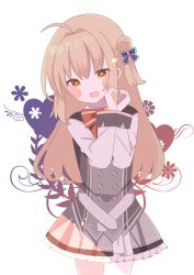 Rule 34 | 1girl, 9ra4ki33, :d, absurdres, ahoge, belt, black shirt, blonde hair, blue bow, blush stickers, bow, bowtie, buttons, commentary request, cowboy shot, diamond button, double bun, frilled skirt, frills, grey belt, grey skirt, hair between eyes, hair bow, hair bun, hair intakes, hamidashi creative, hand up, happy, head tilt, heart, heart hands, highres, izumi hiyori, long hair, long sleeves, looking at viewer, miniskirt, open mouth, pleated skirt, red bow, red bowtie, red eyes, school uniform, shirt, sidelocks, simple background, skirt, smile, solo, straight hair, teeth, two side up, upper teeth only, white background, white sleeves