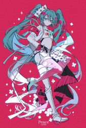 Rule 34 | 1girl, blue eyes, blue hair, boots, closed mouth, commentary, crop top, cropped shirt, double-parted bangs, full body, gloves, goodsmile company, goodsmile racing, hair between eyes, hatsune miku, highres, lace-up boots, long hair, long sleeves, looking at viewer, midriff, navel, pink thighhighs, red gloves, shorts, simple background, single thigh boot, solo, standing, standing on one leg, sunfish3939, thigh boots, thighhighs, twintails, very long hair, vocaloid, white boots, white shorts