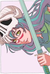 Rule 34 | 1girl, bleach, green eyes, green hair, highres, long hair, looking at viewer, nelliel tu odelschwanck, solo, strikek-lvvjm27, sword, torn clothes, weapon