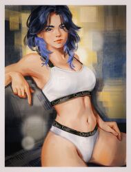 Rule 34 | 1girl, absurdres, black hair, blue eyes, blue hair, border, brand name imitation, breasts, calvin klein, commentary, english commentary, hand on own thigh, highres, hololive, hololive english, large breasts, lips, long hair, looking at viewer, maximilian tu, multicolored hair, navel, ouro kronii, panties, realistic, sitting, solo, sports bra, sports panties, thighs, two-tone hair, underwear, v-shaped eyebrows, virtual youtuber, white border, white panties, white sports bra