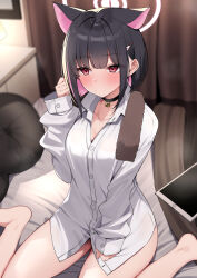 1girl absurdres black_hair blue_archive colored_inner_hair commentary_request halo highres kazusa_(blue_archive) long_sleeves multicolored_hair pink_eyes pink_hair shirt short_hair sitting solo suiroh_(shideoukami) thighs two-tone_hair white_halo white_shirt