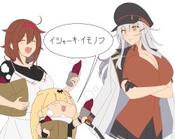 3girls absurdres bag black_gloves black_hat black_shirt black_skirt blunt_bangs breasts brown_eyes brown_hair chibi closed_eyes commentary_request dress facial_scar food gangut_(kancolle) gangut_dva_(kancolle) gloves grey_hair hair_flaps hairband hat highres jacket jacket_on_shoulders kantai_collection kloah large_breasts long_hair low_twintails military_jacket multiple_girls official_alternate_costume paper_bag peaked_cap pleated_skirt red_hairband red_shirt scar scar_on_cheek scar_on_face scarf shiratsuyu_(autumn)_(kancolle) shiratsuyu_(kancolle) shiratsuyu_kai_ni_(kancolle) shirt simple_background skirt smile sweet_potato translation_request twintails white_background white_dress white_scarf yuudachi_(kancolle) yuudachi_kai_ni_(kancolle)