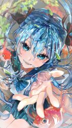 1girl absurdres blue_eyes blue_nails blue_sailor_collar blue_skirt blush bottle_miku bunching_hair commentary_request eyelashes fish goldfish hand_on_headwear hatsune_miku highres liquid_hair long_hair looking_at_viewer miniskirt no_panties offering_hand pleated_skirt reaching reaching_towards_viewer sailor_collar school_uniform serafuku shirt short_sleeves sitting skirt smile solo vocaloid white_shirt yagi_nagi