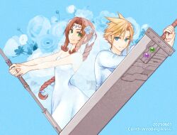1boy 1girl aerith_gainsborough bare_arms bare_shoulders blonde_hair blue_background blue_eyes blue_flower blue_jacket blue_ribbon blue_rose braid braided_ponytail breasts bridal_veil bride brown_hair buster_sword circlet closed_mouth cloud_strife dated dress final_fantasy final_fantasy_vii flower green_eyes groom hair_between_eyes hair_flower hair_ornament hair_ribbon holding holding_staff holding_sword holding_weapon husband_and_wife jacket kaeru_game2 long_dress long_hair materia medium_breasts official_alternate_costume parted_bangs ribbon rose short_hair sidelocks single_braid smile spiked_hair staff strapless strapless_dress suit_jacket sword upper_body v_arms veil weapon wedding wedding_dress white_dress