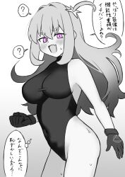 1girl ? bare_shoulders blush borrowed_character breasts check_copyright copyright_request gloves greyscale highres hizikata398 large_breasts long_hair looking_at_viewer monochrome one-piece_swimsuit open_mouth original pink_eyes solo swimsuit translation_request