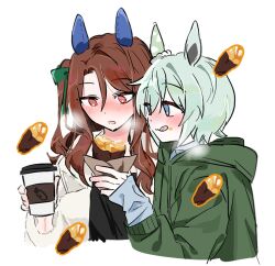 2girls animal_ears aqua_hair blue_eyes blush brown_hair food holding holding_food horse_ears horse_girl king_halo_(umamusume) multiple_girls protected_link red_eyes seiun_sky_(umamusume) simple_background smile tagme tongue tongue_out umamusume unseuking0427 upper_body white_background