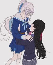 2girls black_hair black_jacket blue_hair blue_serafuku bow bowtie braid colored_inner_hair grey_skirt hair_ribbon half_up_braid highres jacket kamatama_rom lifting_person lize_helesta lize_helesta_(4th_costume) long_hair multicolored_hair multiple_girls nijisanji official_alternate_costume pink_bow pink_bowtie plaid_clothes plaid_skirt pleated_skirt ponytail ribbon sailor_collar school_uniform serafuku simple_background skirt tsukino_mito tsukino_mito_(1st_costume) two-tone_hair virtual_youtuber white_background white_hair white_sailor_collar