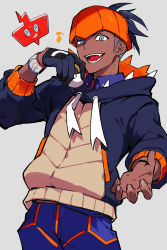Rule 34 | 1boy, arisaka ako, arm up, black hair, black hoodie, blue eyes, blue shorts, commentary request, cowboy shot, dark-skinned male, dark skin, drawstring, dreadlocks, earrings, fang, floating, gen 4 pokemon, gloves, grey background, grin, gym leader, highres, holding, holding poke ball, hood, hood down, hoodie, jewelry, long sleeves, looking at viewer, male focus, musical note, nintendo, open mouth, orange headwear, poke ball, pokemon, pokemon (creature), pokemon swsh, raihan (pokemon), rotom, rotom phone, short hair, shorts, single glove, smile, solo focus, stud earrings, teeth, ultra ball, wristband
