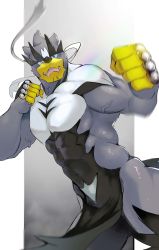 1boy abs absurdres blue_eyes blurry clenched_hands cowboy_shot fangs fighting_stance furry furry_male gen_8_pokemon highres legendary_pokemon looking_at_viewer male_focus muscular muscular_male navel nintendo open_mouth pectorals pokemon pokemon_(creature) solo tofu_(tofulabo) urshifu urshifu_(single) veins